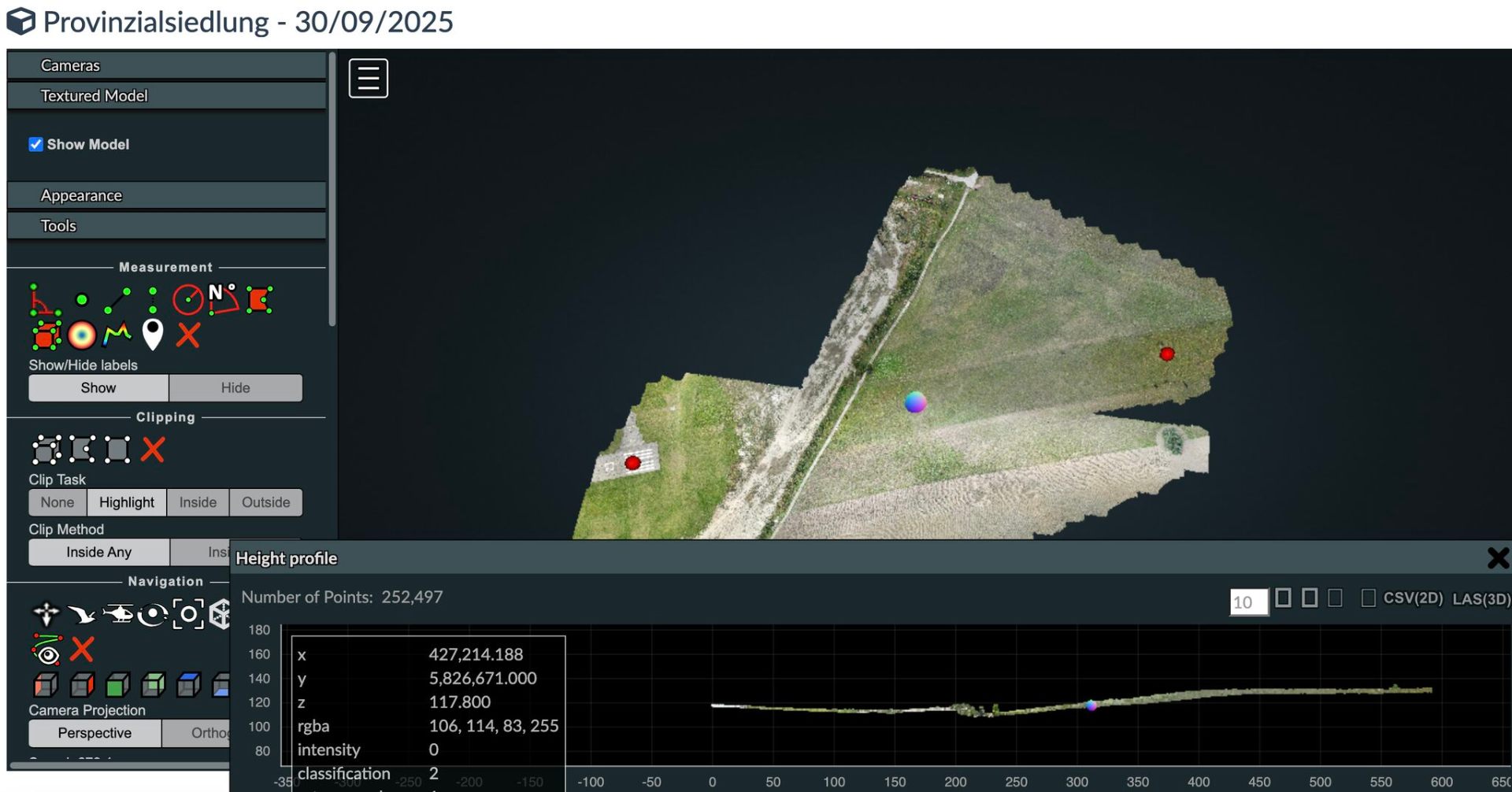 3D-Punktwolke mit Höhenprofil-Messung entlang der Start- und Landebahn