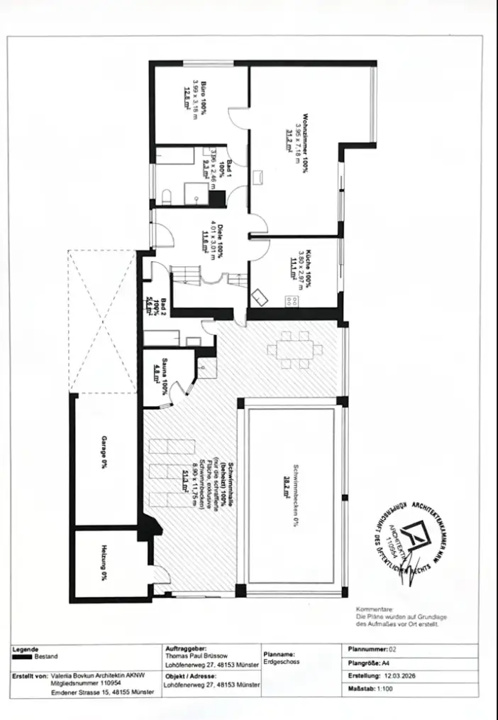 Wohnflächenberechnung Grundriss mit Architektenstempel